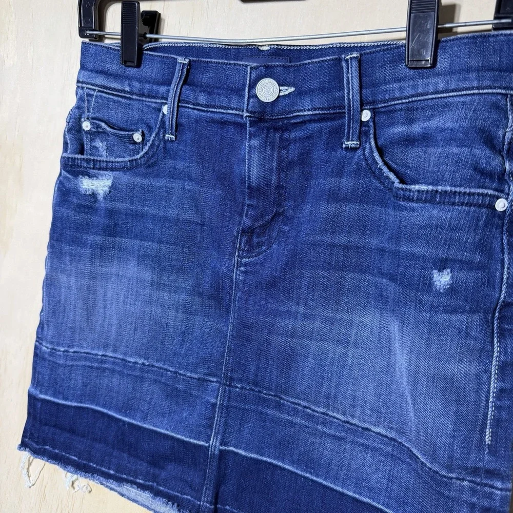 MOTHER Undone Hem Mini‎ Skirt Womens 25 Dark Graffiti Denim Distressed Blue